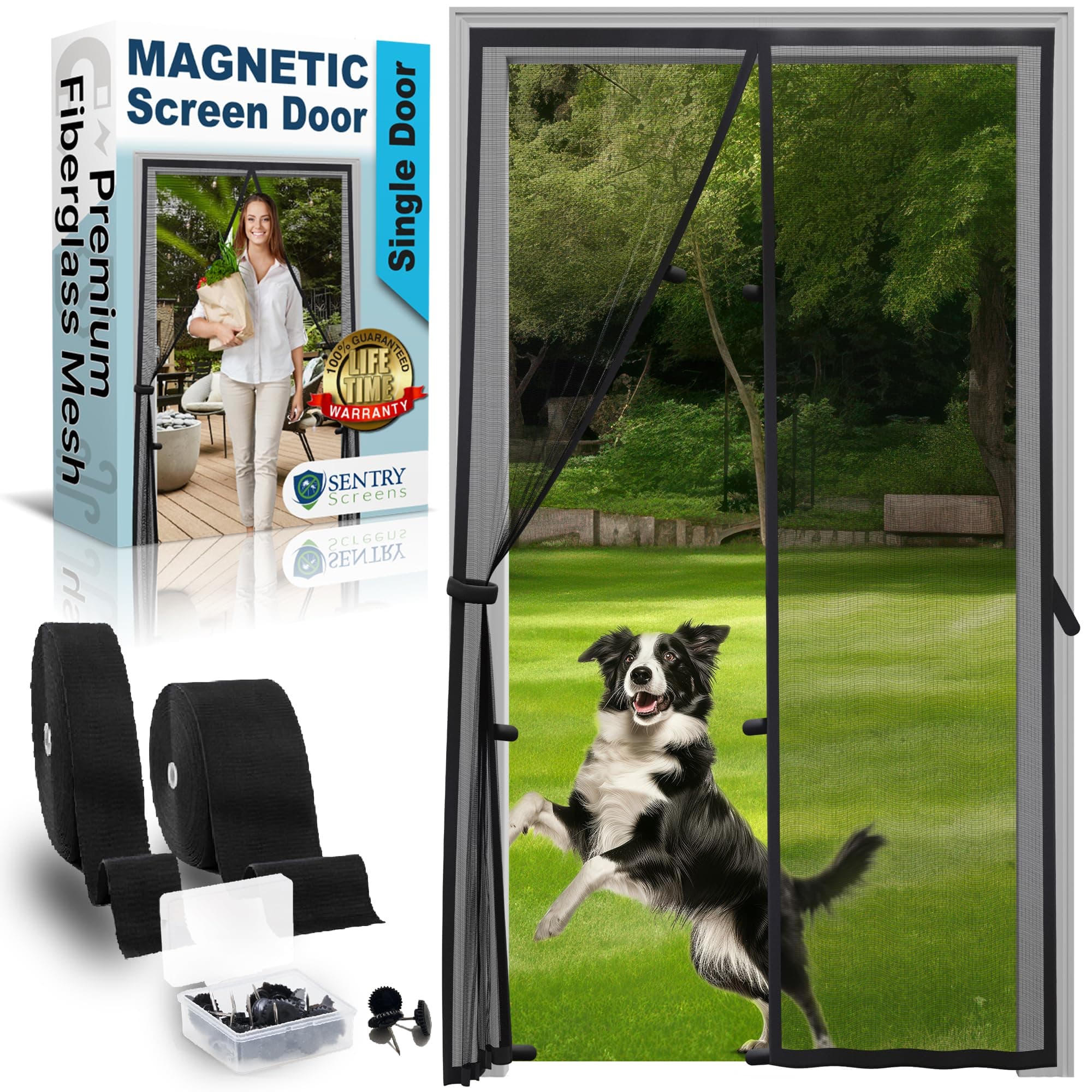 Fiberglass Mesh Magnetic Screen Door – Heavy Duty Self-Closing Hanging Door Net Screen with Magnet Closures – Fits Doors Up to 46"x95" – Black – by Sentry Screens