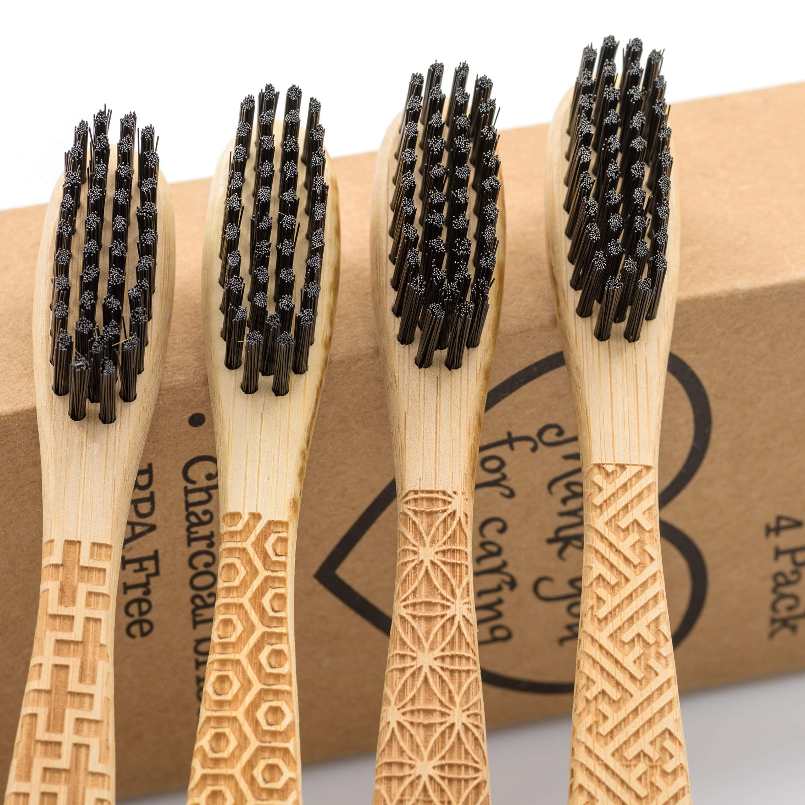 Natural Bamboo Toothbrush with Charcoal Bristle - 4 Pack - BPA Free and Biodegradable - Environmentally Friendly Toothbrushes - Gift with Beautiful Engraver - Zero Waste and Vegan Compostable Products
