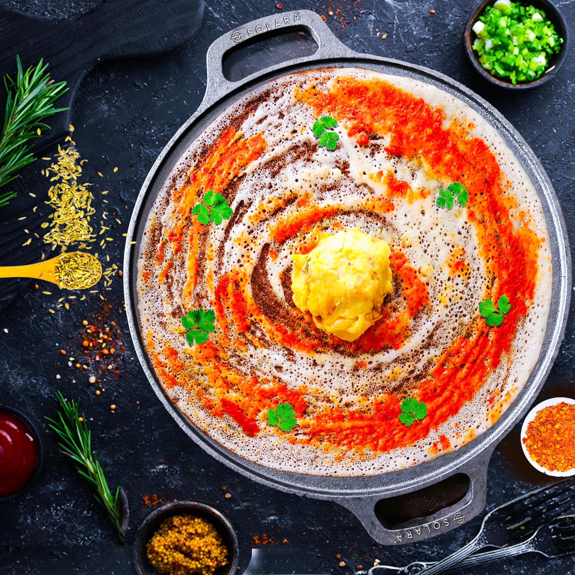 SOLARA Cast Iron Tawa 12" (30 CM) for Dosa, Uthappam, Roti, Chapati, Naan - Gas & Induction Friendly Cookware