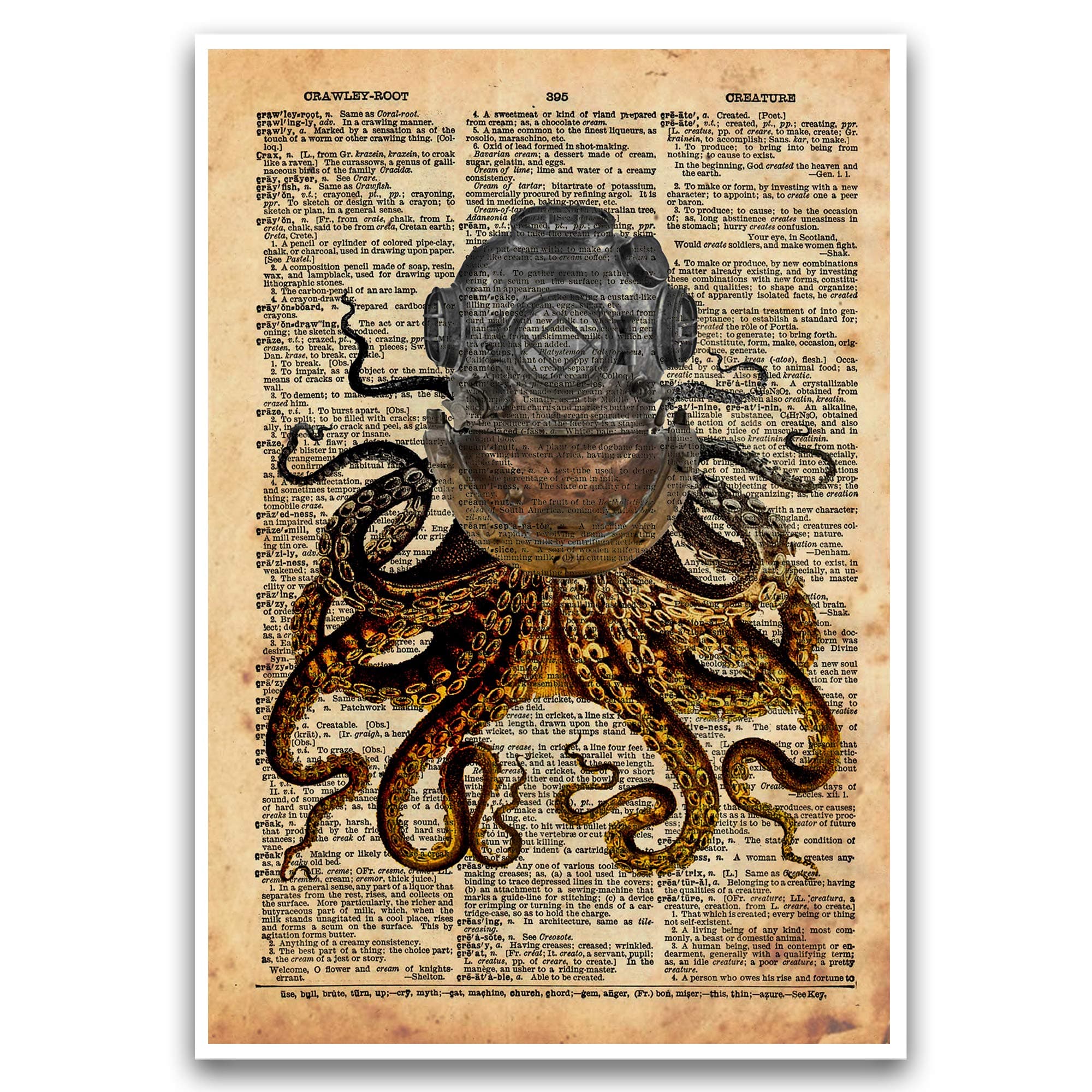 Octopus in a vintage brass diving helmet, cool nautical steampunk art print