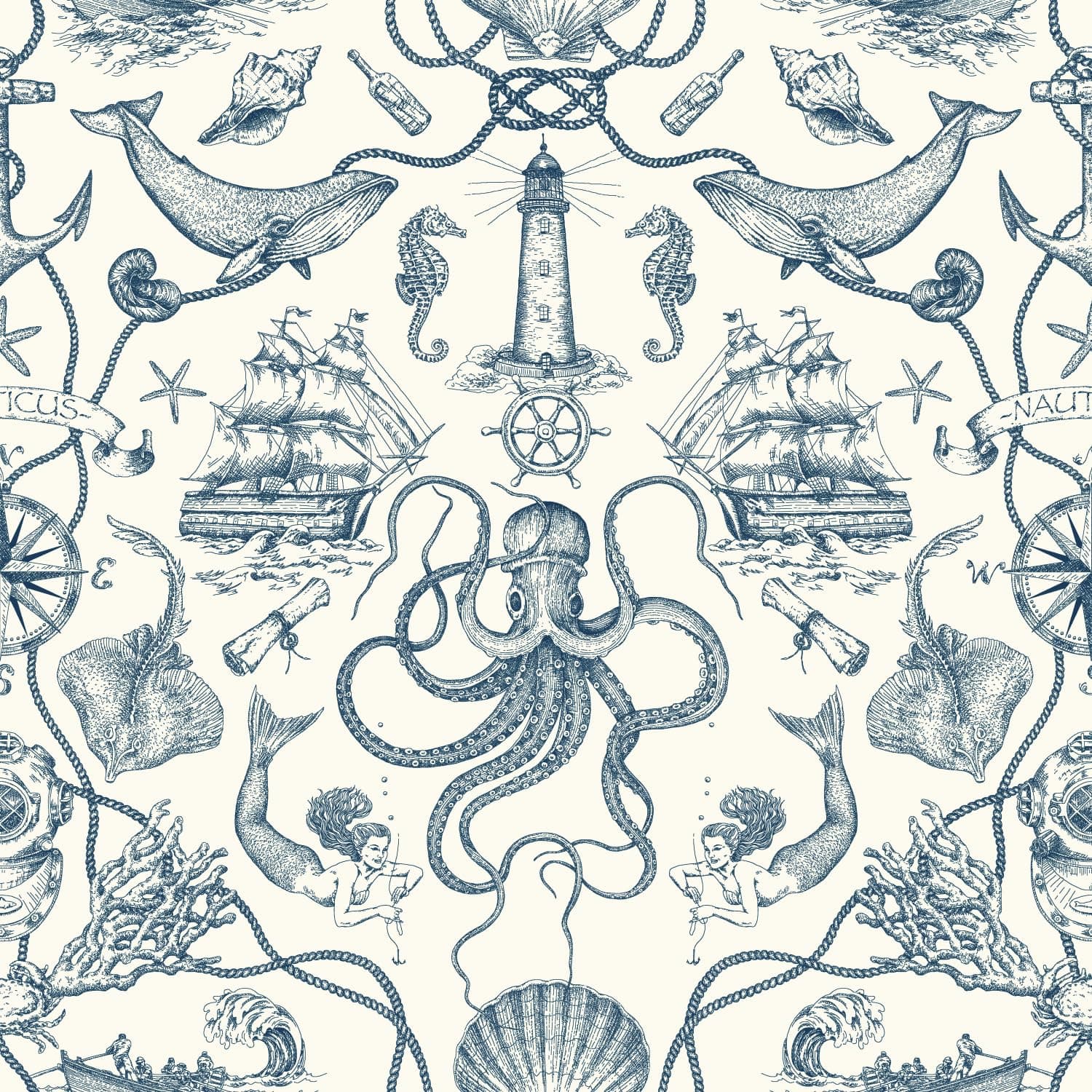 RoomMates RMK12002WP Blue Deep Sea Toile Peel and Stick Wallpaper