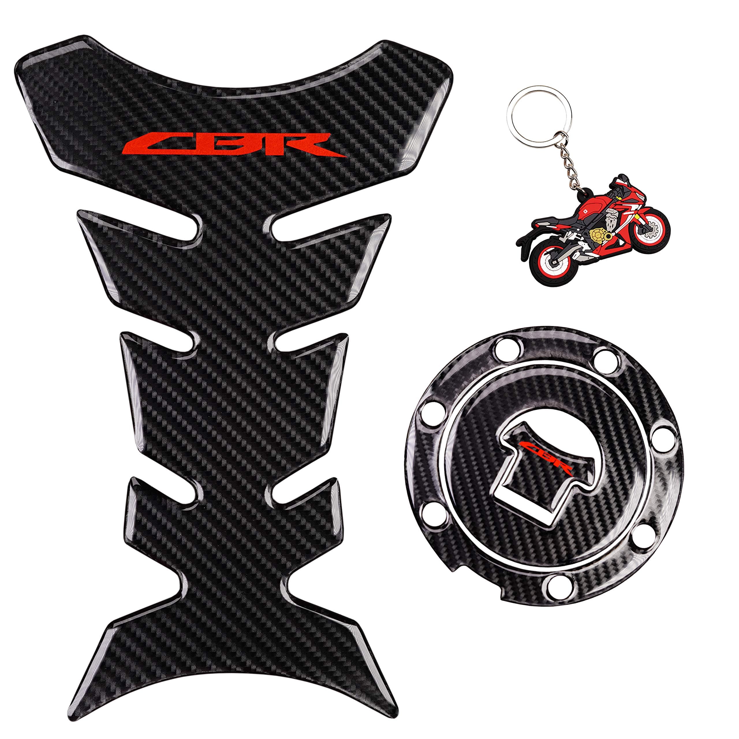 Real Carbon Look, Fuel Gas Tank Cap, Protector Pad, Tank Pad Decal Stickers, Tank Protector with Keychain for CBR600RR 2003-2015 CBR1000RR 2004-2015, 3PCS Per Set (RED)