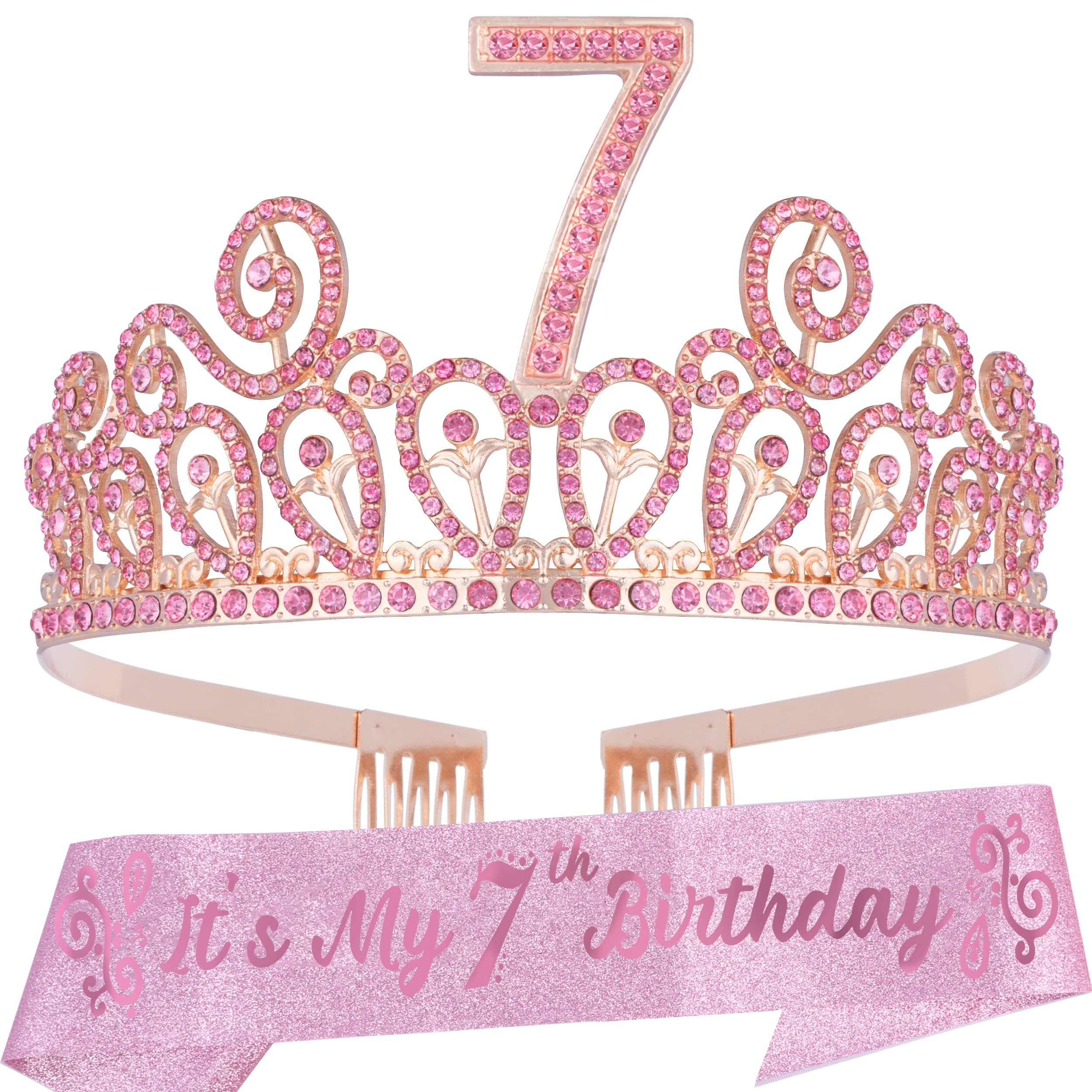 MEANT2TOBEMEANT2TOBE 7th Birthday Sash and Tiara for Girls - Fabulous Glitter Sash + Ripples Rhinestone Pink Premium Metal Tiara for Girls, 7th Birthday Gifts for Princess Party