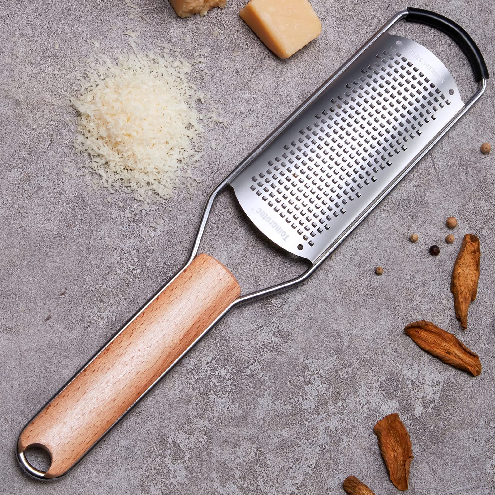 Tomorotec Stainless Steel & Wood Cheese Grater with Natural Wood Handle for Parmesan, Lemon, Ginger, Cheese, Nutmeg, Potato, Chocolate & Garlic