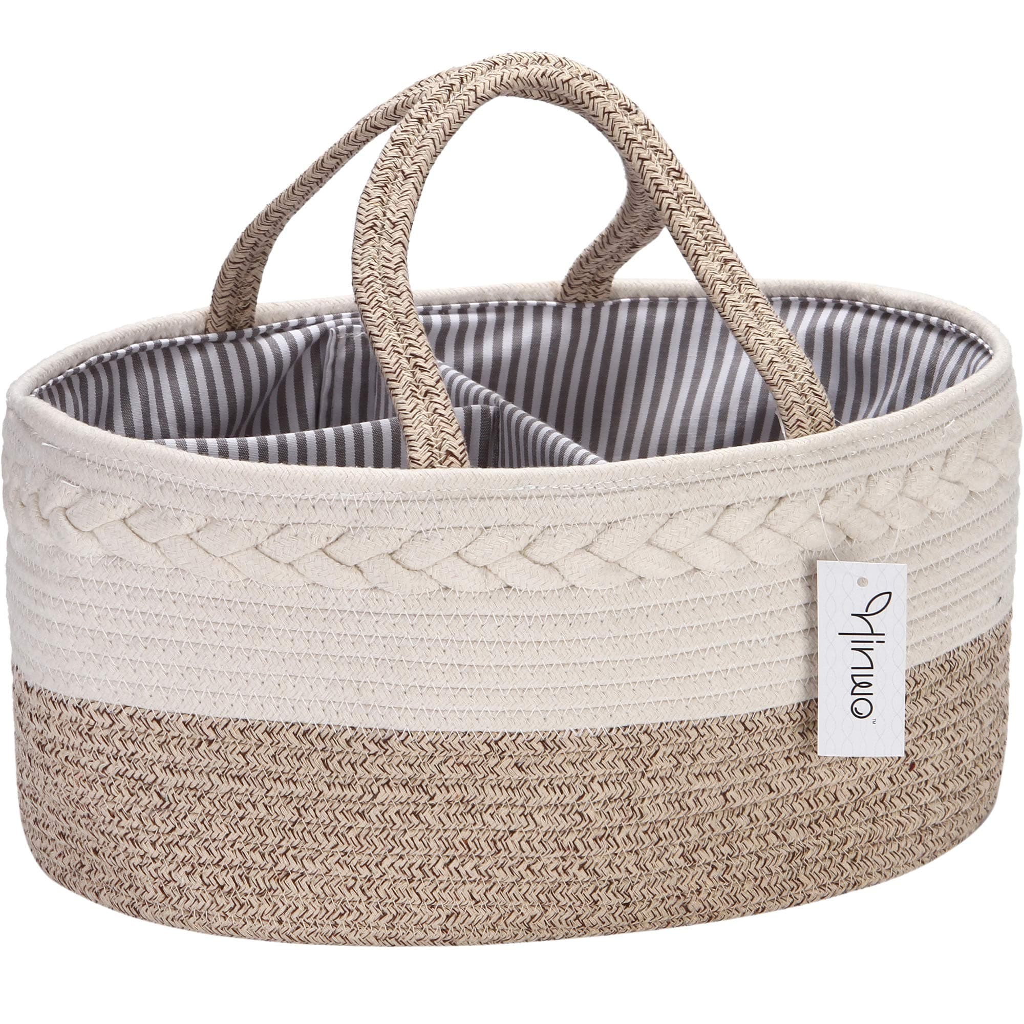 Hinwo Baby Diaper Caddy 3-Compartment Infant Nursery Tote Storage Bin Portable Car Organizer Newborn Shower Gift Basket Cotton Rope with Detachable Divider for Diapers & Wipes