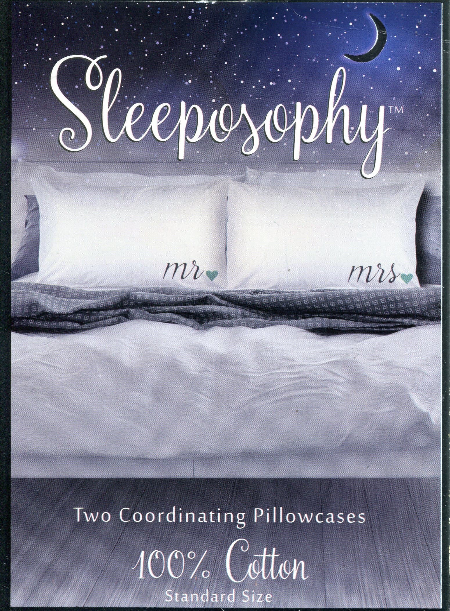 Sleeposophy Coordinating Pair Standard Cotton Pillowcases, Mr. / Mrs.