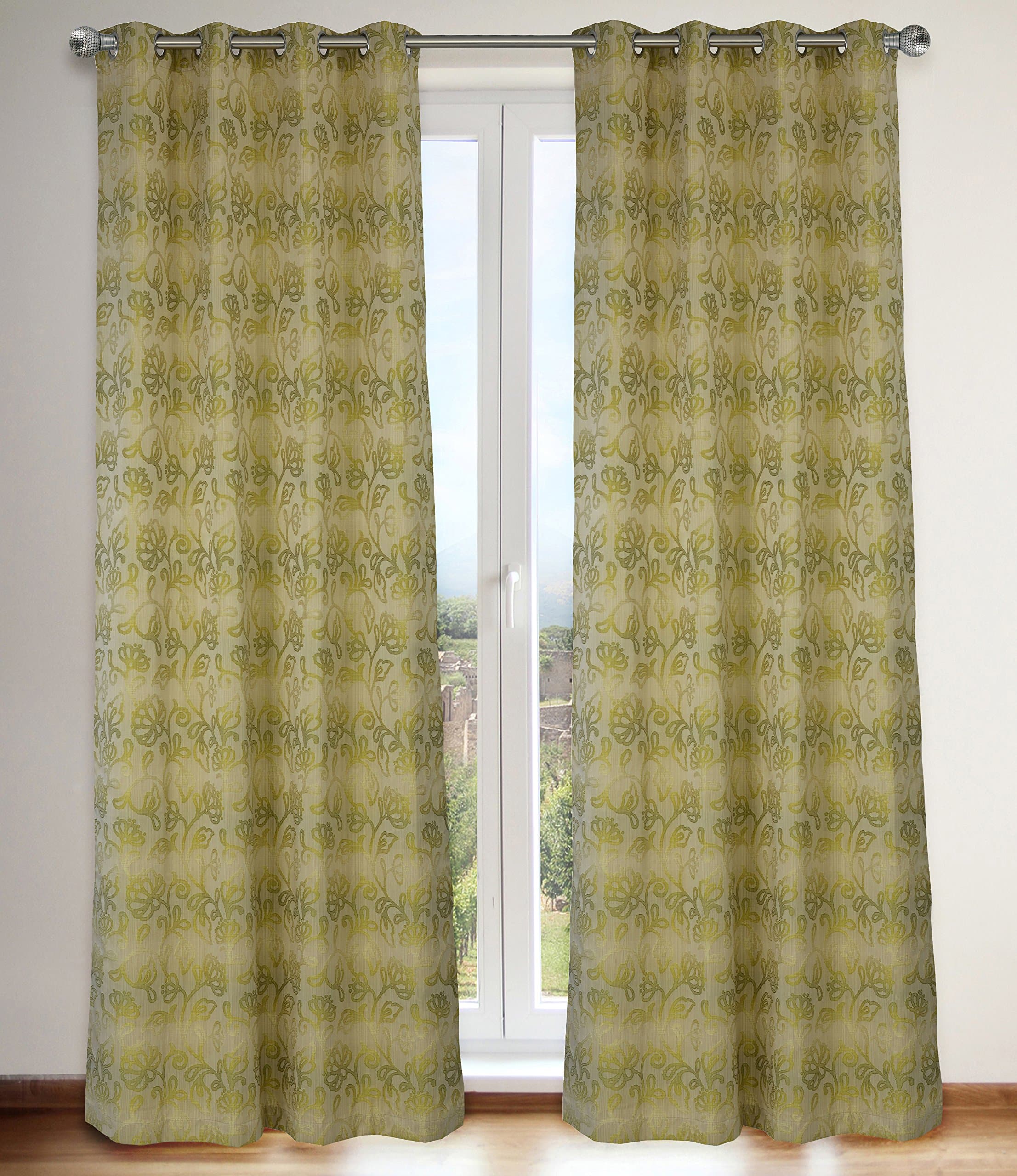 468 Marli Vintage Floral Grommet Curtain Panels (Set of 2) 54" W x 95" L, Linen/Chartreuse/Green