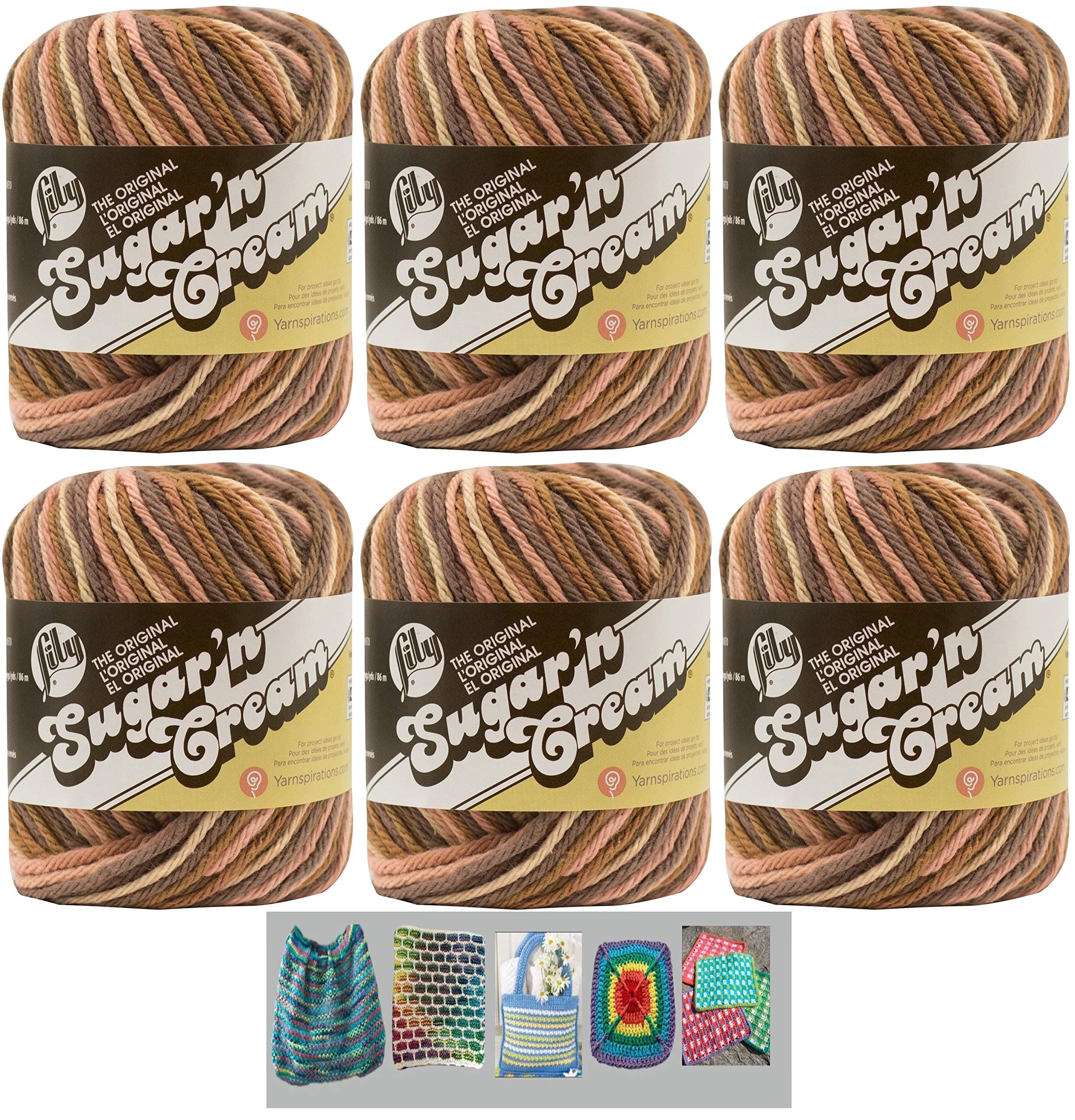 Bulk Buy: Lily Sugar'n Cream Yarn 100% Cotton Solids and Ombres (6-Pack) Medium #4 Worsted Plus 5 Lily Patterns (Desert Rising Ombre 02017)