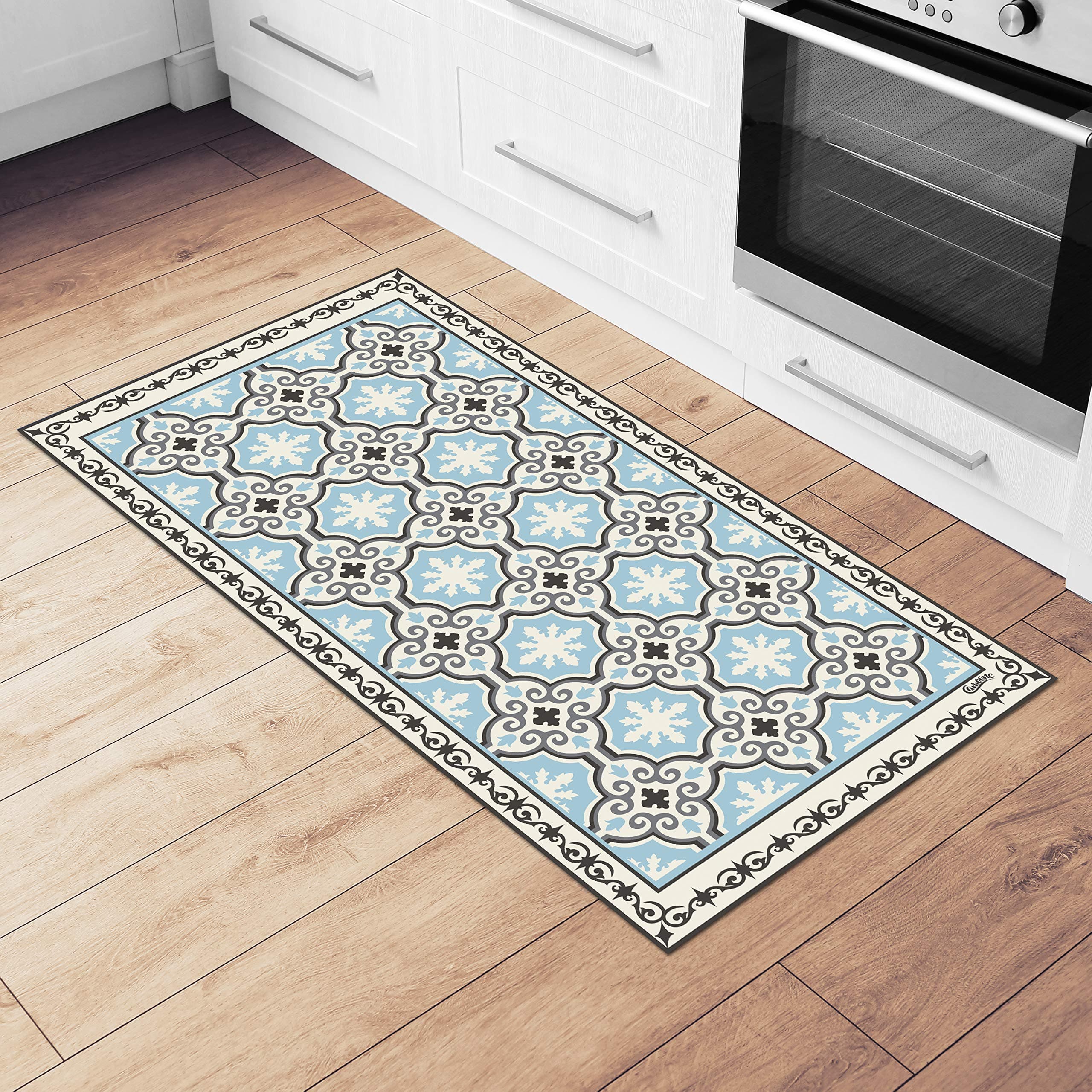 Non Slip Kitchen Mat + 4 Free Coasters – (Toscana Garden) Retro Blue & Off-White Decorative Vinyl Kitchen Floor Mat, Hypoallergenic, Insulated, Easy to Clean, Non-Toxic "47.2x23.6x0.08"