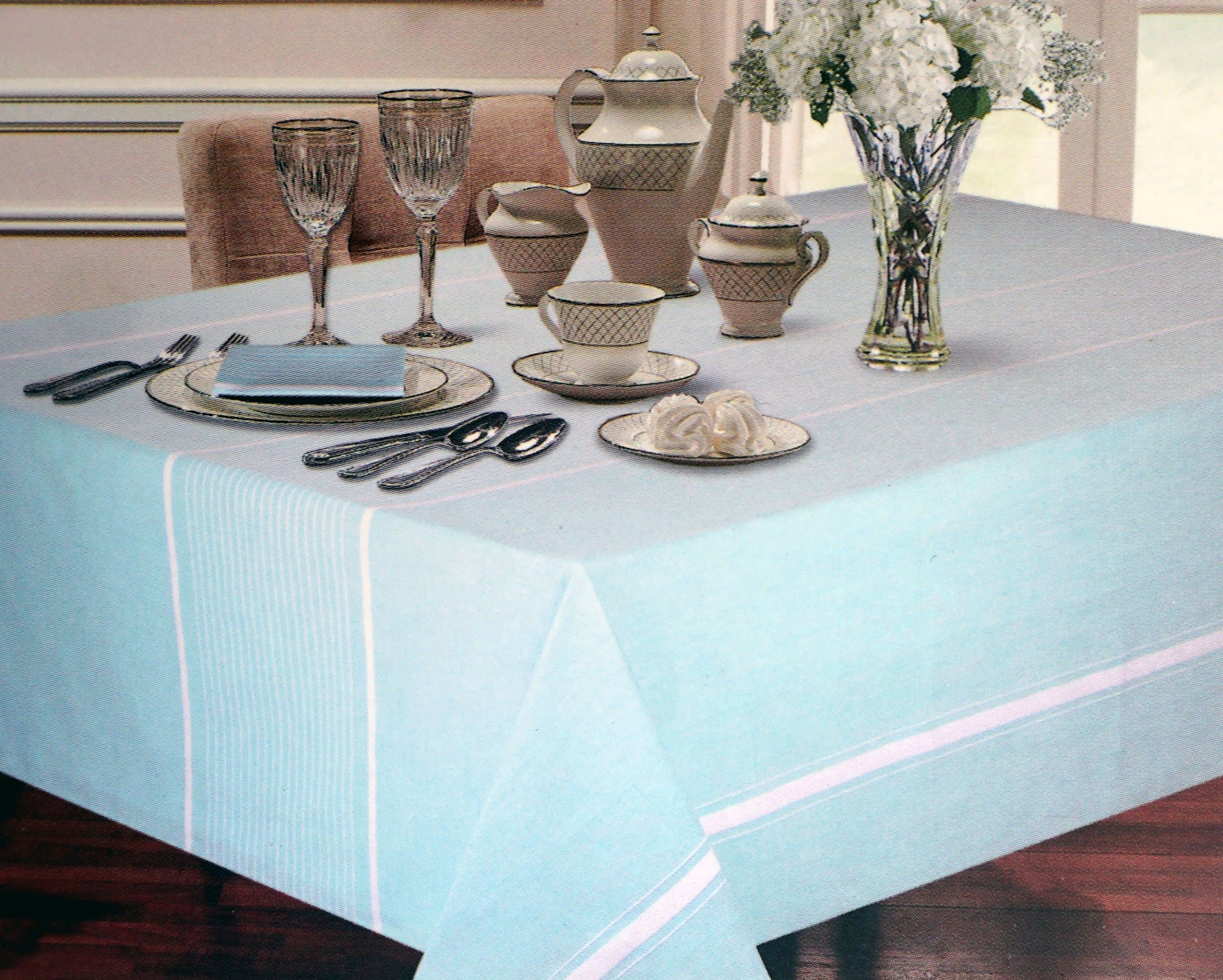 Calico Design Tablecloth Fabric Cotton White Stripes on Aqua Blue Turquoise, 52 Inches by 70 Inches
