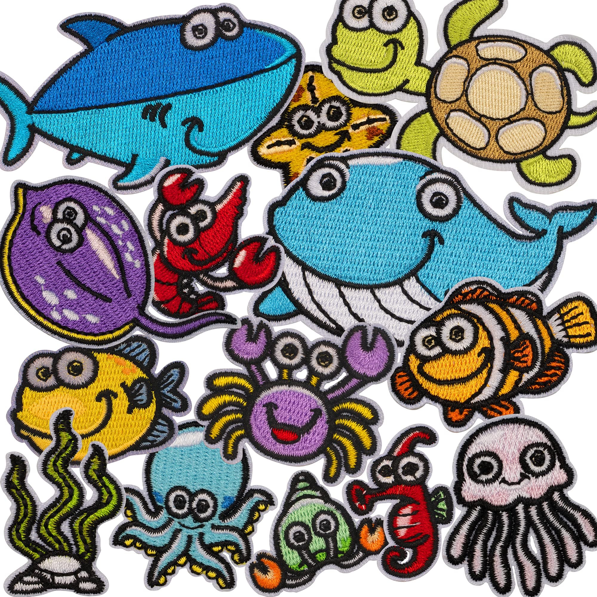 MUSCCCM Iron On Patches,14 Pcs Embroidered Marine Life Applique Patches Kit Assorted Size Decoration Sew On Patches for Clothing Jackets Backpacks Jeans kids and Includes A Set of Sewing Kits