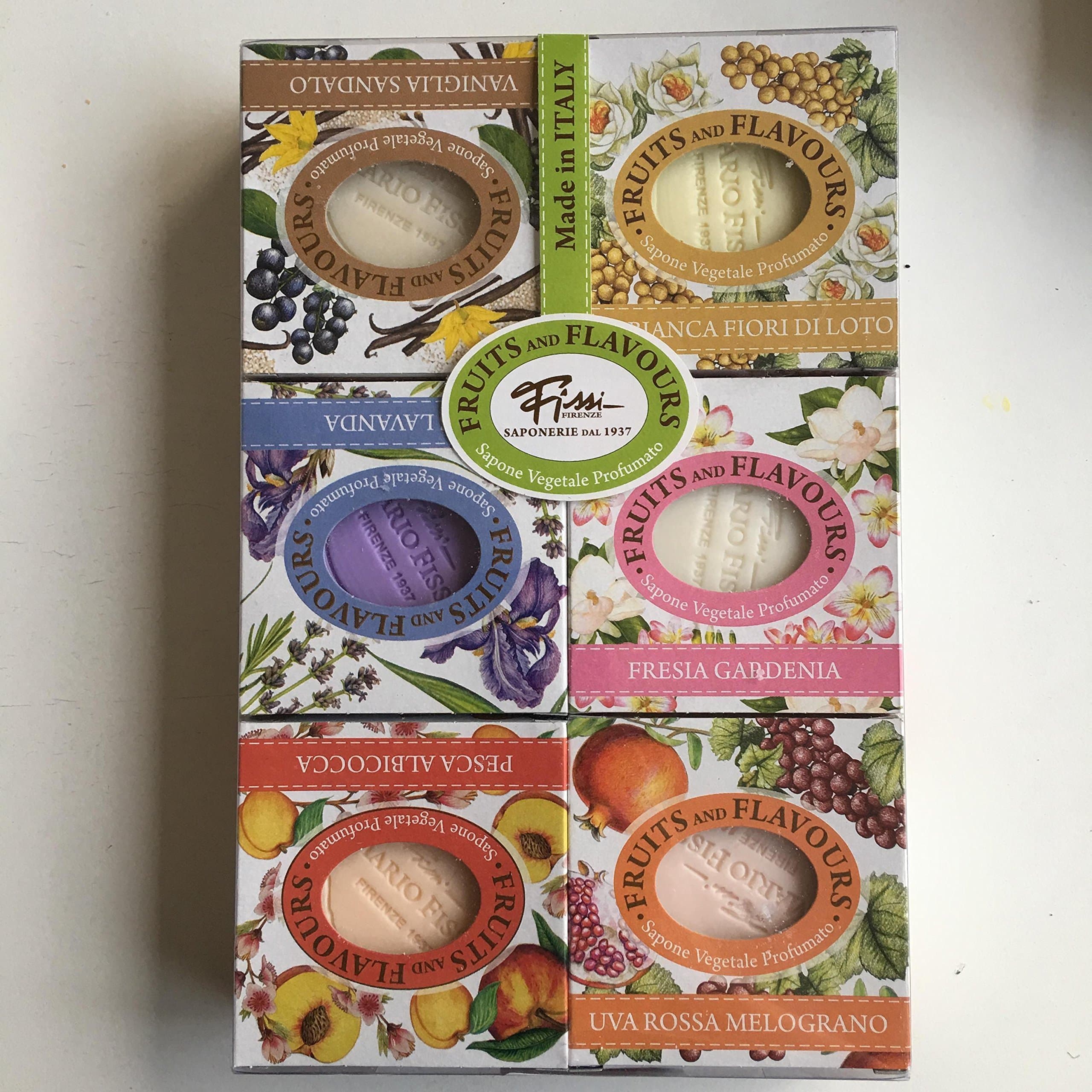 Fissi Firenze FRUITS & FLAVOURS sapone vegetable profumato 6 X 3.5 Oz. From Florence Italy luxury Italian soap gift pack