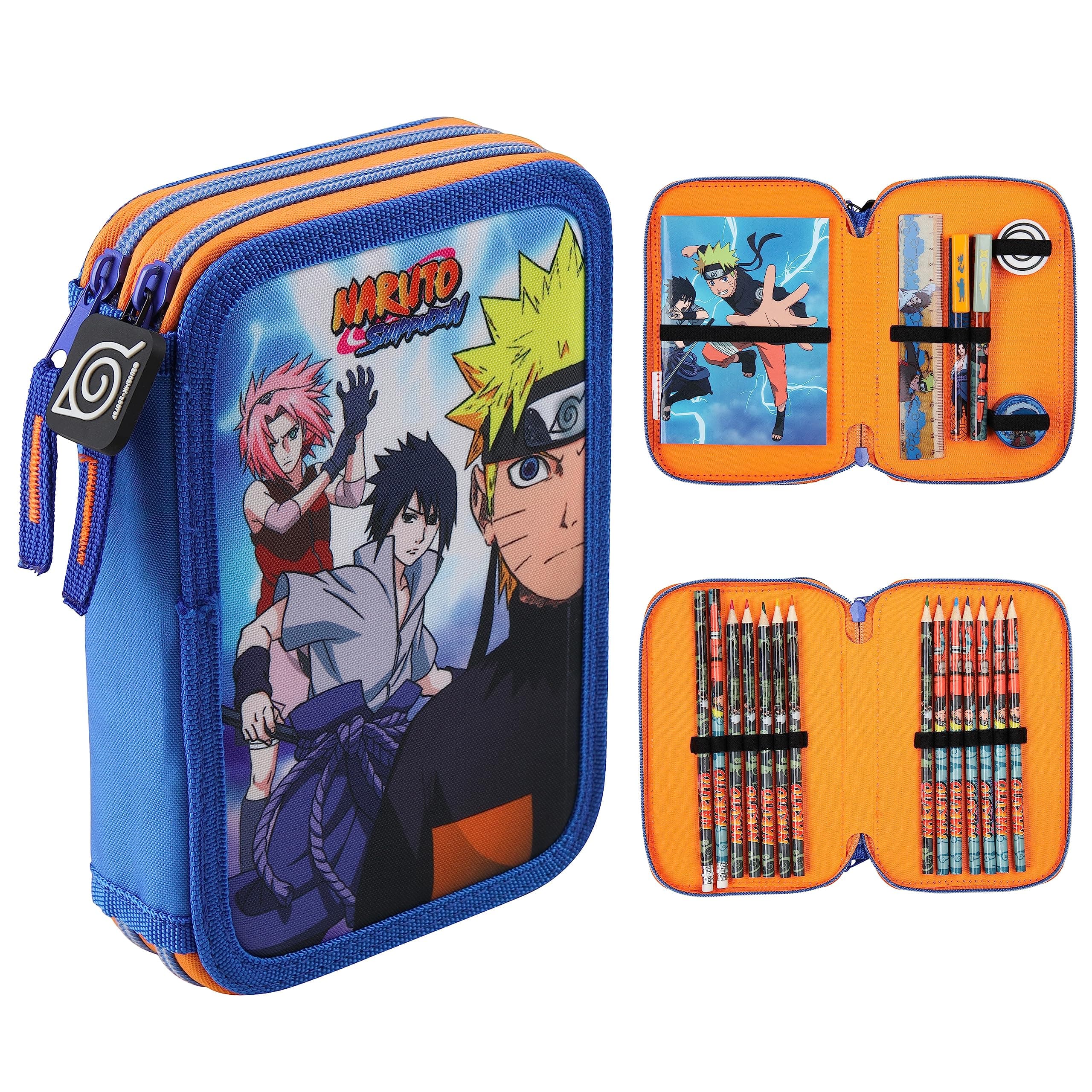 Naruto Pencil Case with Stationery Included School Supplies Filled Large Pencil Case 2 Compartments Colouring Pencils Mini Notebook Boys Stationery Set Anime Gifts for Boys