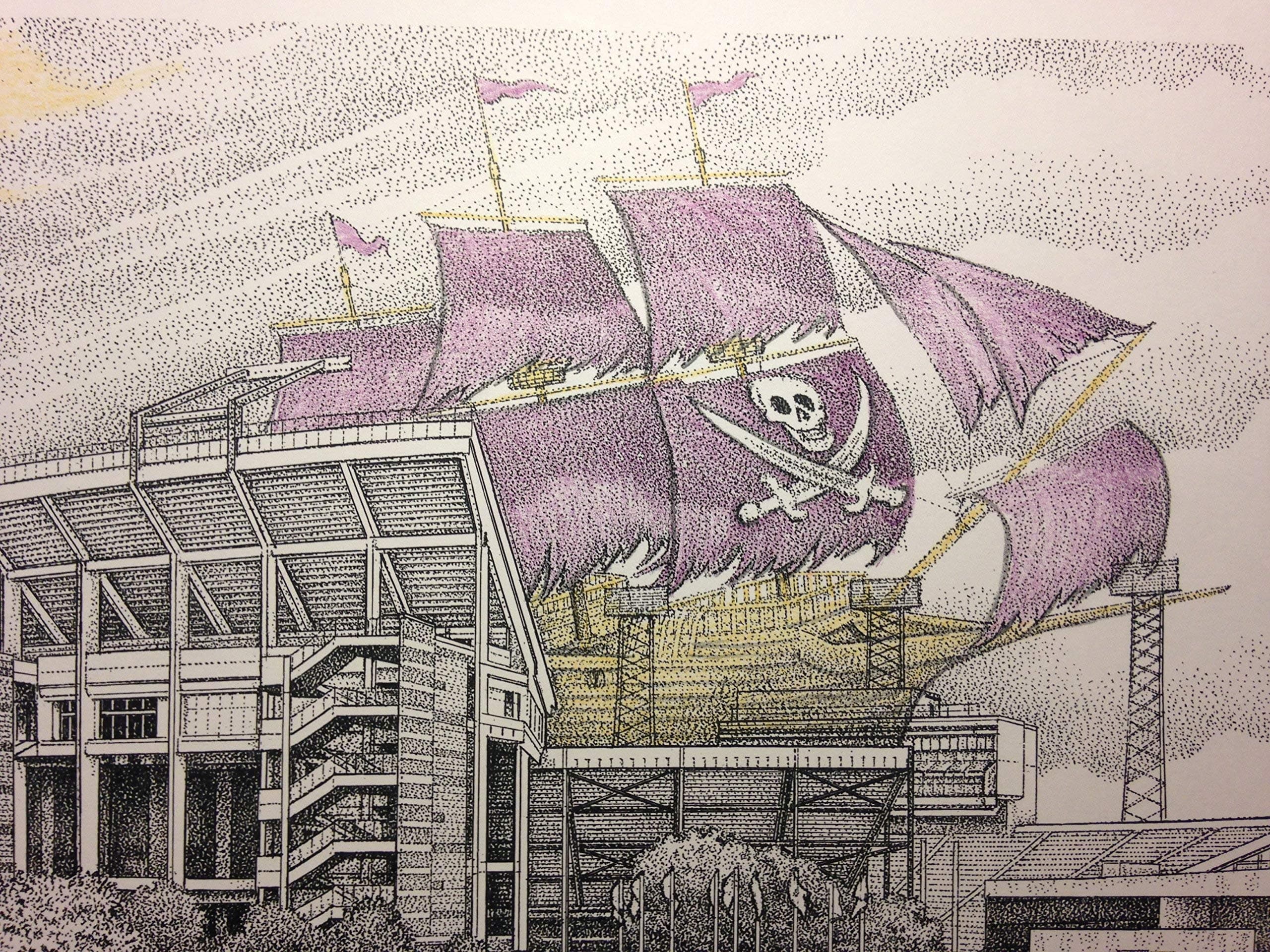 East Carolina University 11"x17" football stadium with pirate ship pen and ink print