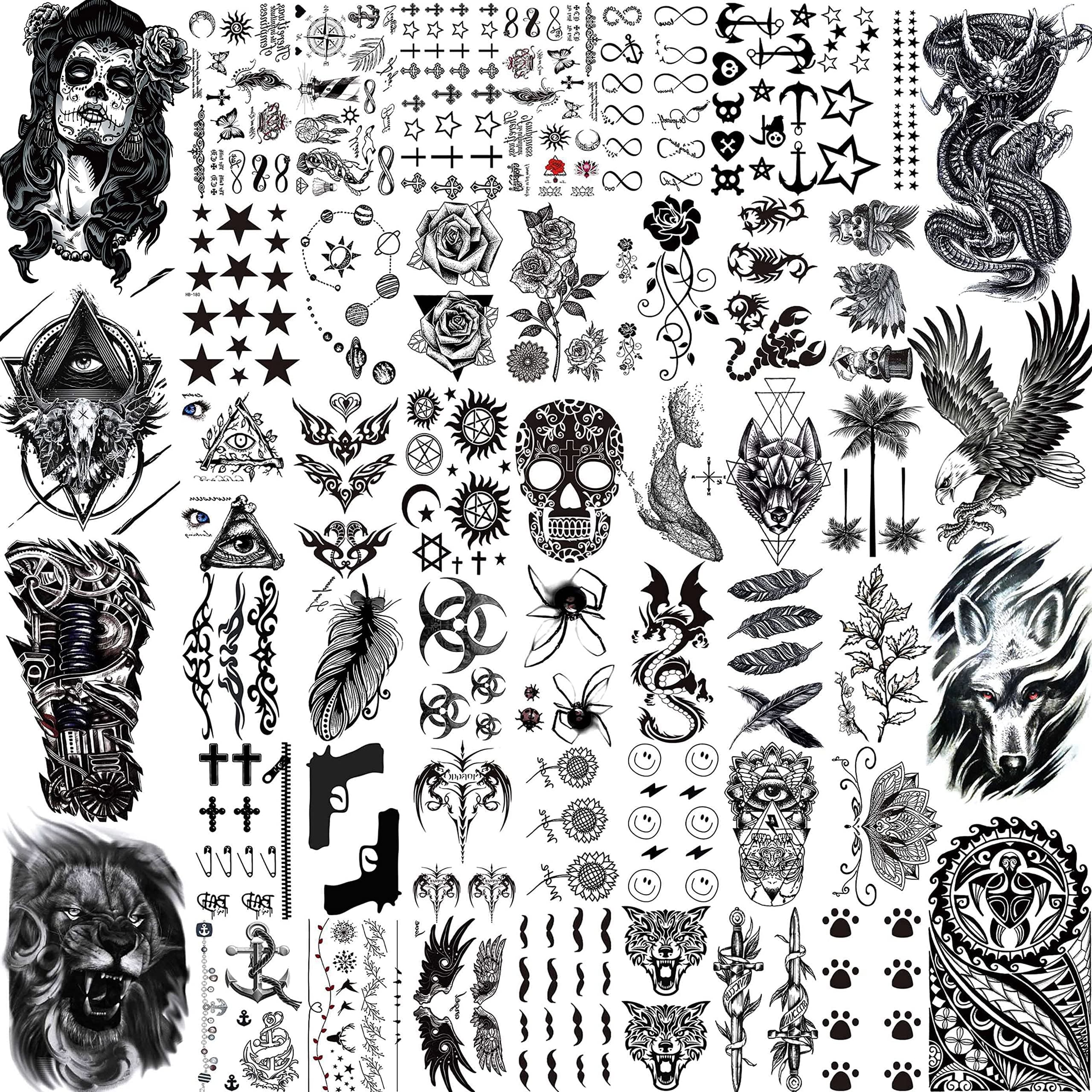LAROI 50 Sheets Animals Black Temporary Tattoos For Men Adults Tribal Ealge Dragon Fake Small Temporary Tattoos For Women Neck Arm Thigh Flower Tattoo Sticker For Kids Boys Halloween Tatoos Wolf Lion