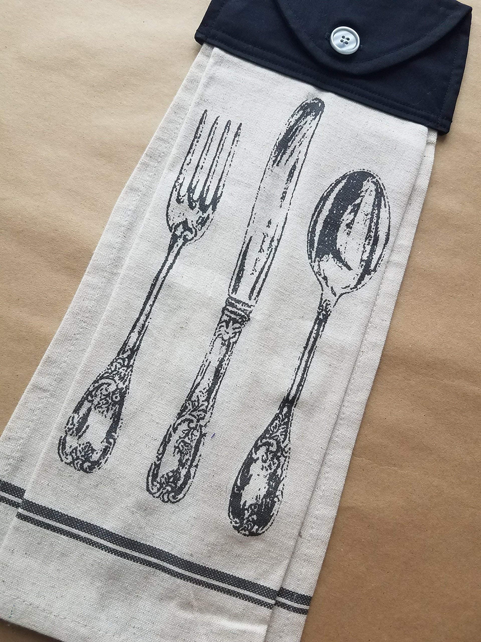 Silverware Hanging Flour Sack Kitchen Towel Button Top Oven Door Dish Towel Spoon Knife Fork Handmade Cutlery Themed Neutral Kitchen Linens Hostess Housewarming Gifts Under 20