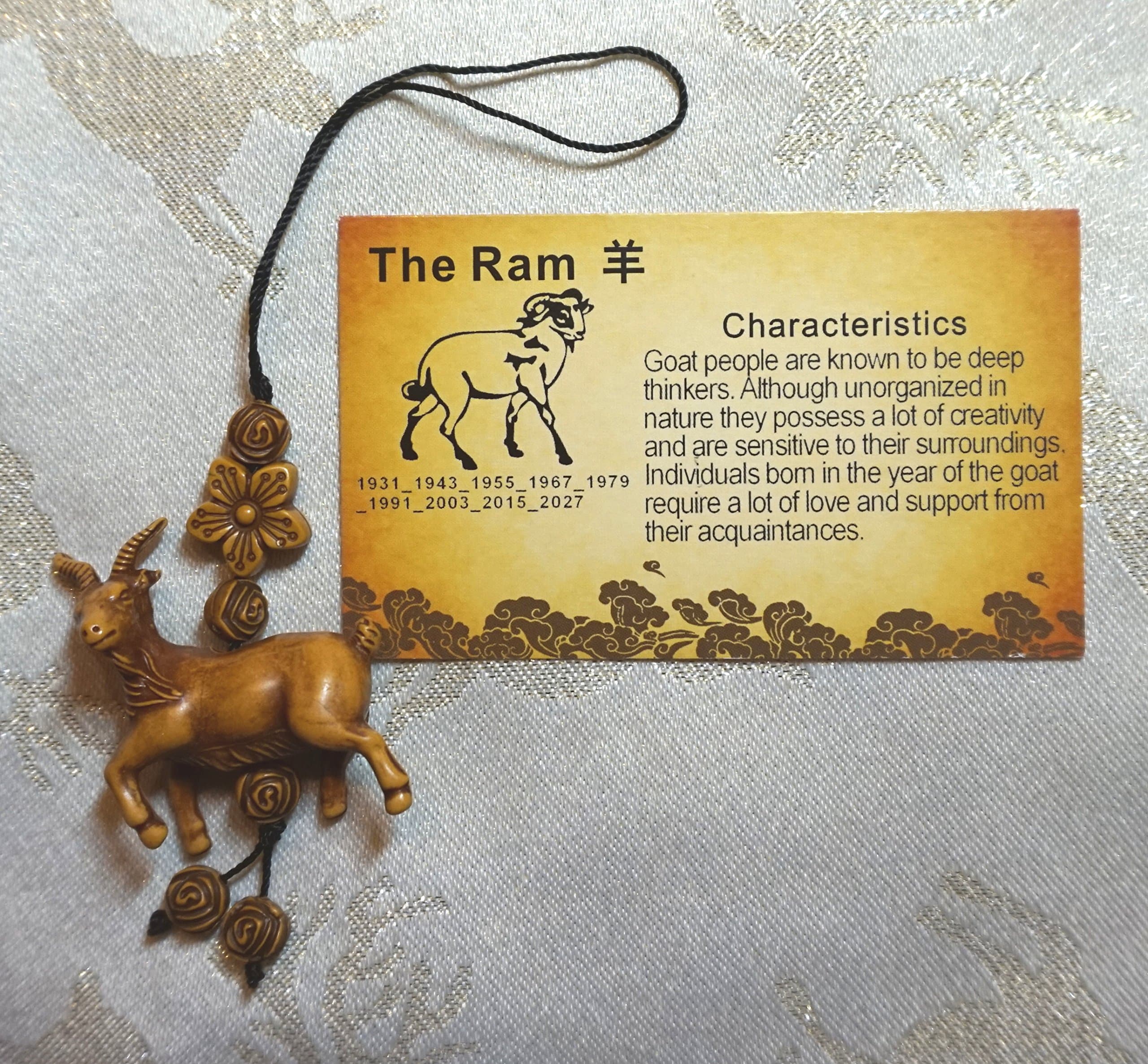 CHINESE NEW YEAR LUCKY RAM FENG SHUI CHARM WITH BEADED CORD AND CHARACTERISTIC CARD