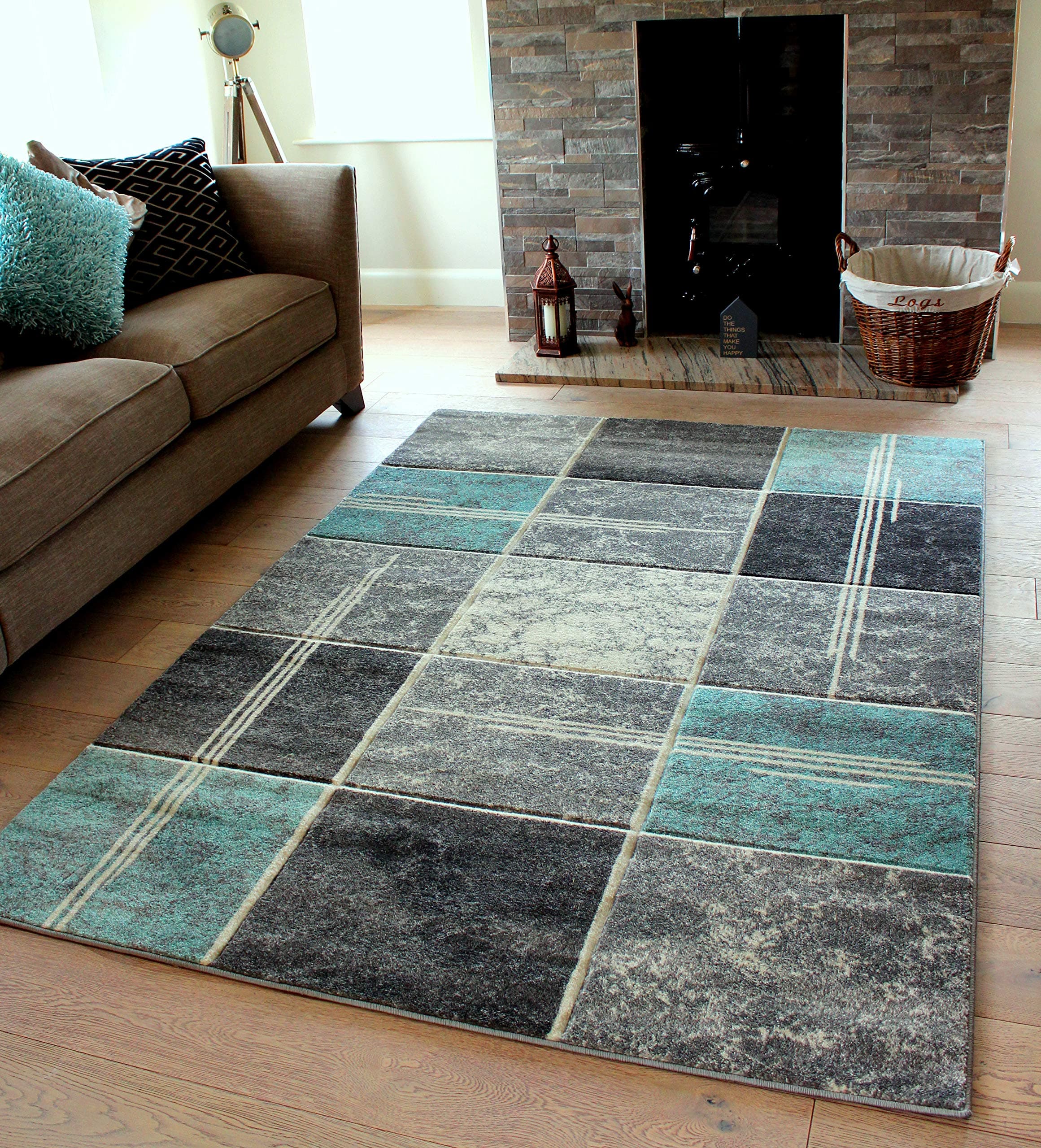 Small Large Duck Egg Blue Silver Grey White Cream Modern Soft Thick Squares Blocks Design Carved Rugs Long Hall Runner Mats (6 (160x230cm)