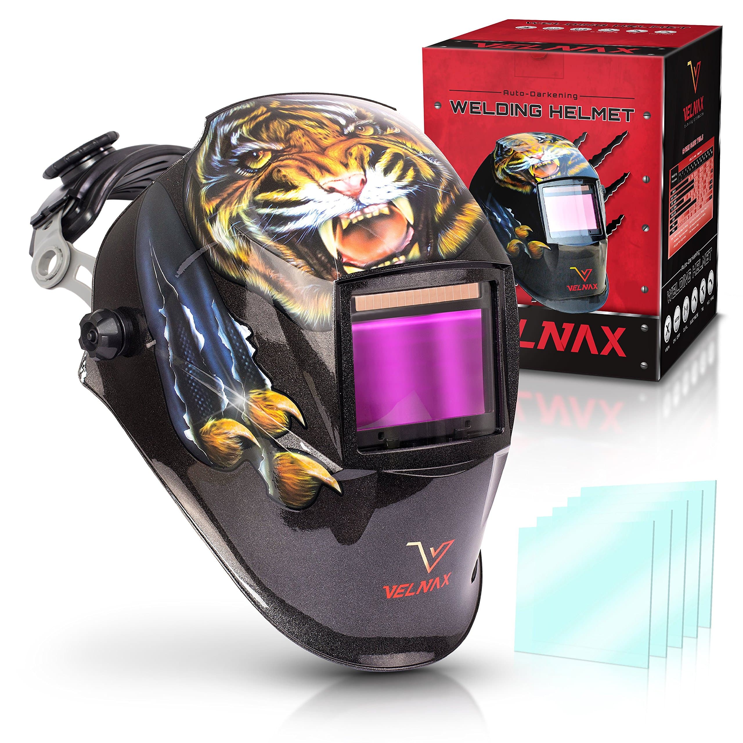 T7 Auto Darkening Welding Helmet: VERY COOL Solar Tiger Headgear for Grinding, Cutting, Tig Mig MMA Plasma, 6 Spare Lenses, Wide View, Outside Buttons