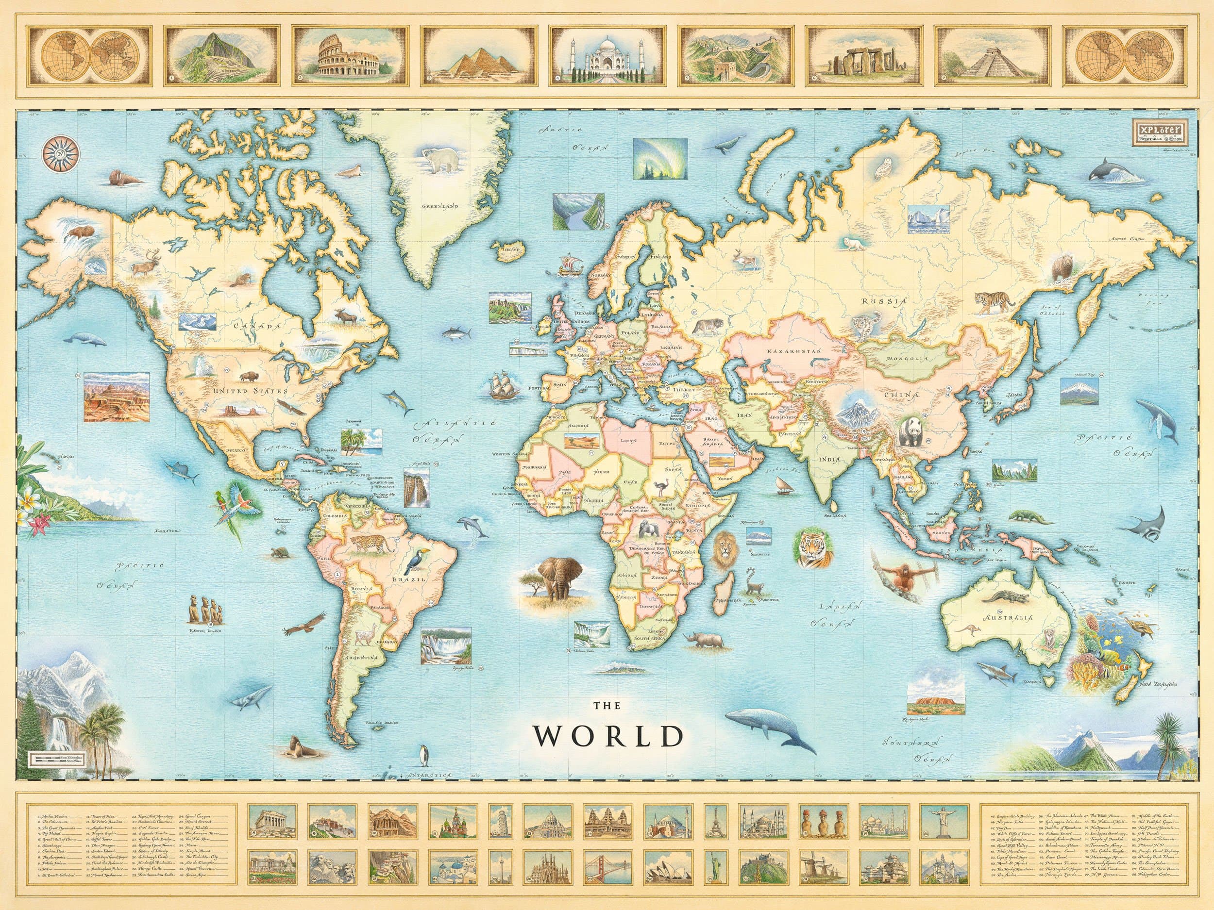Xplorer Maps World Hand-Drawn Map – 32x24 Vintage-Style Lithographic Print – Made in USA