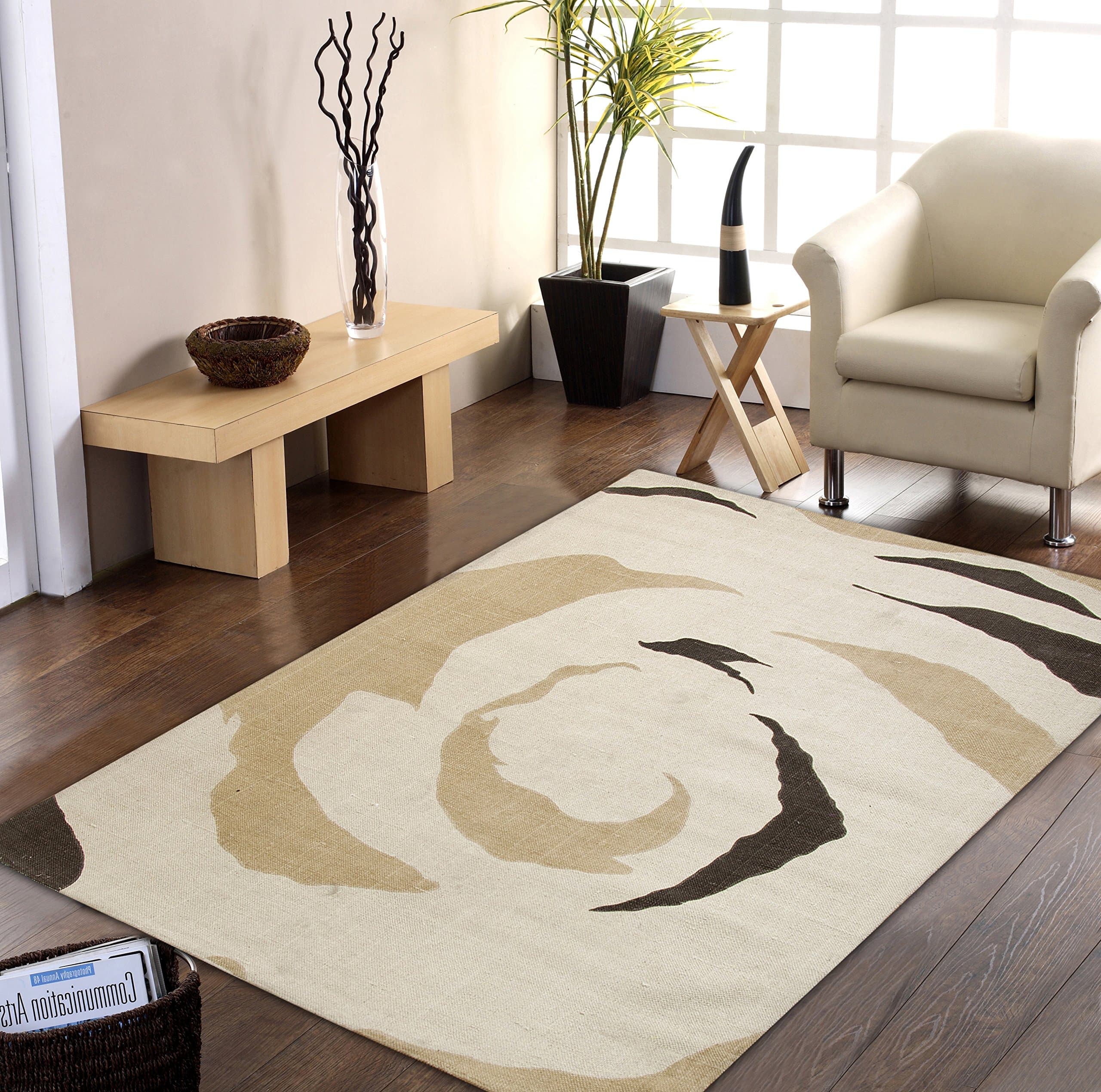 Global Accents Satin Collection - (4'x6') Rose Petals Cotton Flat Weave Pattern Accent Royal Area Rugs for Living, Indoor & Dining Room with Decorative Printed Patterns, Fabric Backing, Color Cream Brown Ivory Gold - Ivory Brown Rug - Gold Rug - Made in India