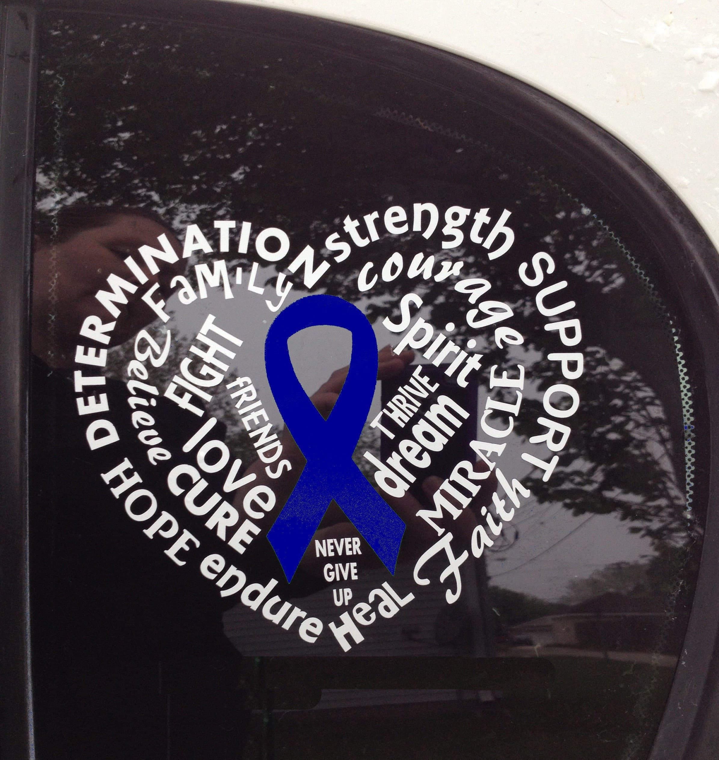Blue Awareness Ribbon Word Heart Window Decal (Apraxia, Child Abuse, colon cancer, colorectal cancer, colitis, chron's, Huntingtons disease)