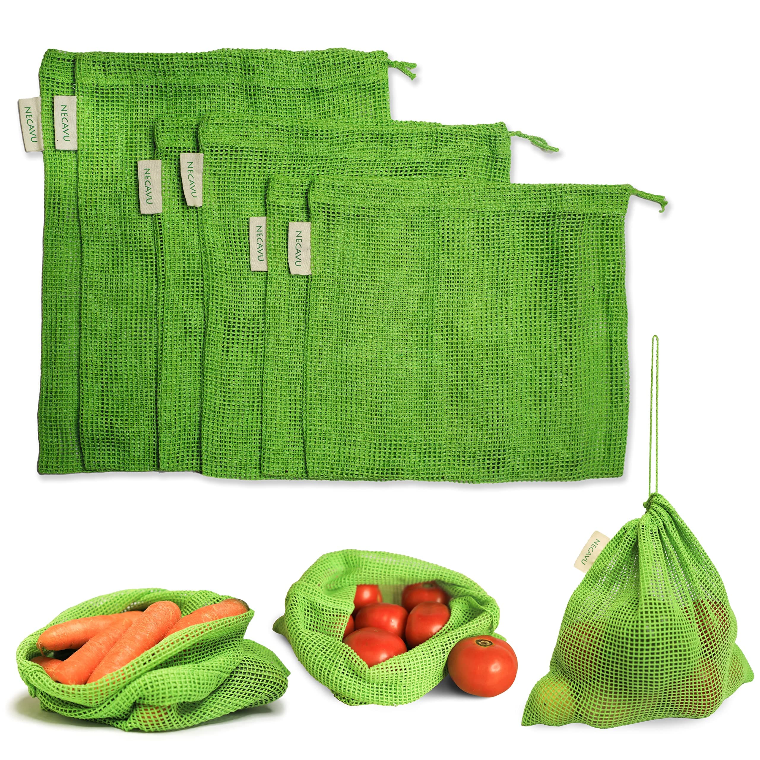 NECAVU Set of 6 100% Cotton Fridge Bags | Eco-Friendly Natural Vegetable Bags for Refrigerator Storage and Mesh Net for Vegetables | Multipurpose Bag