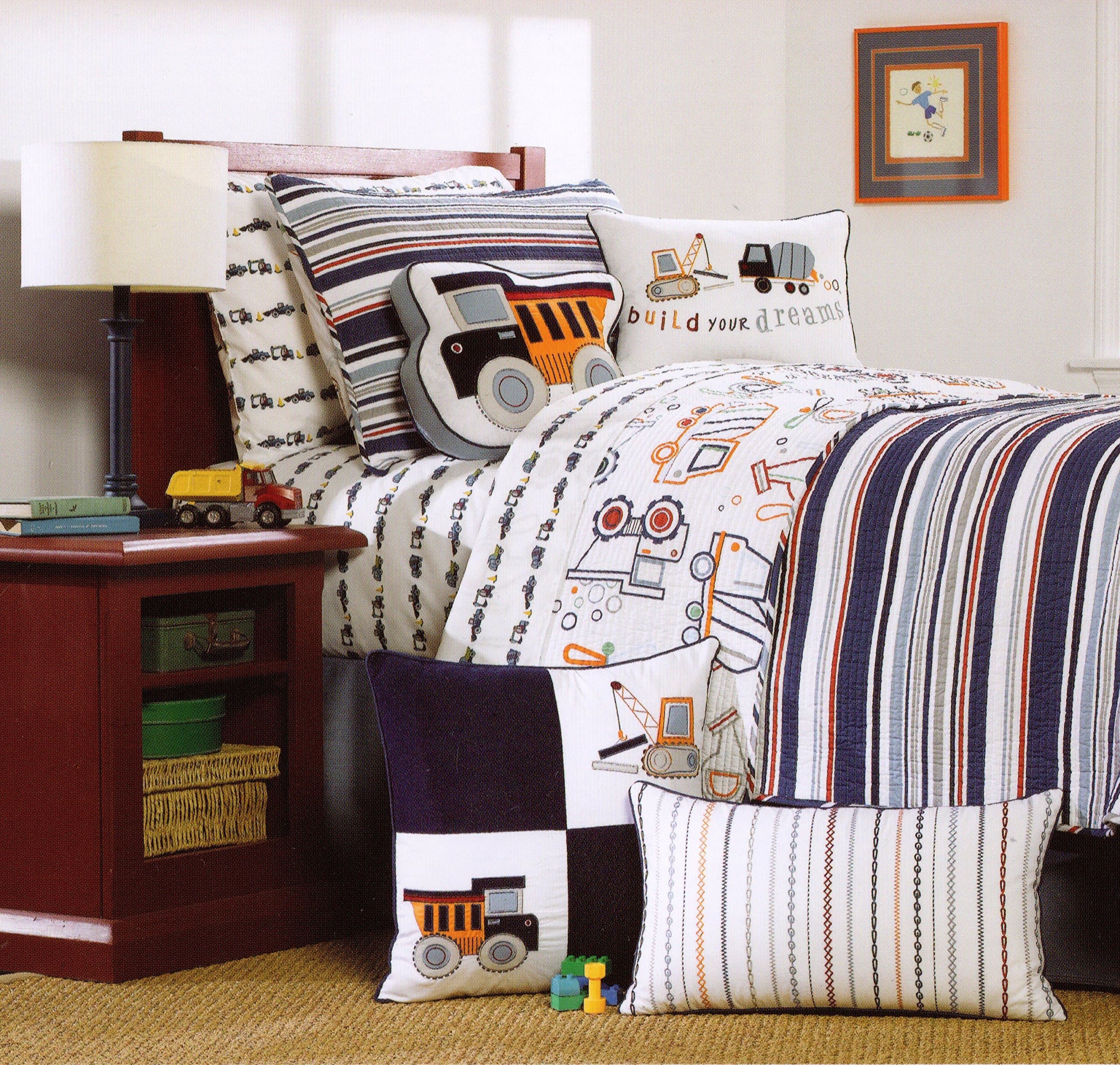 Toddler Bedding Cotton 2pc Twin Quilt Set Reversible Navy Blue Diggers Movers Trucks Construction Boys Bedding Quilted Bedspread