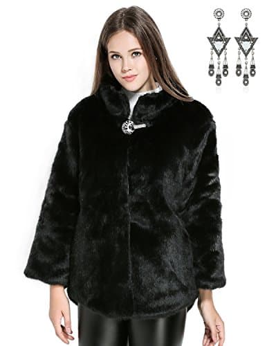 Semia Women Faux Fur Luxury Winterjackets with crystal button Vintage Solid Fluffy Coat Outwear Tops Black S/M