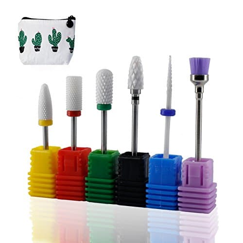 MeQool 3/32 Ceramic Nail Drill Bits Set Pro Manicure Drill Bits with Brush Bit Electric Nail File Ceramic Needle Top Coarse Medium Fine Grit (6 pcs)
