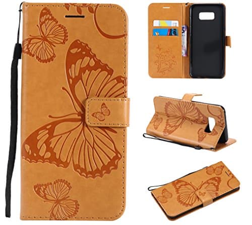 Galaxy S8 Plus Wallet Case,SMYTU Premium Emboss Butterfly Pattern Flip Wallet Shell PU Leather Magnetic Cover Skin with Wrist Strap Case For Samsung Galaxy S8 Plus 6.2"(B-Yellow)