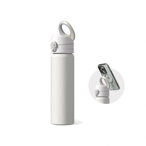 AquaStand Magnetic Bottle 23 oz | Round Mouth Stainless Steel Insulated Water Bottle, Sport Bottle with MagSafe Compatible Handle, Tripod with Adjustable Angles, Leak Proof - Classic White