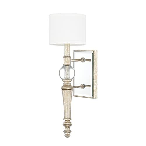Capital Lighting 611711GS-654 Carlyle White Fabric Wall Sconce with Clear Glass Adornments, 1-Light 60 Watt, 20" H x 6" W, Gilded Silver