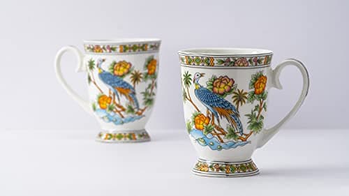 GOLDEN QUEEN'S Botanical Bliss Series - 300 Ml Coffee/Tea Mugs, Set of 2, Everyday Delight | Microwave Safe | Oriental - Blue & Orange, Bone China