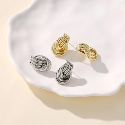 shinelab 14K Gold Plated Chunky Gold Earrings for Women Knot Link Circle Geometric Drop Dangle Earrings Studs Trendy Jewelry