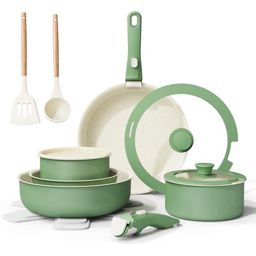 Bazova Ceramic Nonstick Cookware Set, Healthy,Non Toxic,17-Pieces Pots and Pans Set Removable Handles,Induction RV Kitchen Set,Stain & Scratch-resistant,Dishwasher/Oven Safe,PFAS/PFOA Free,Green