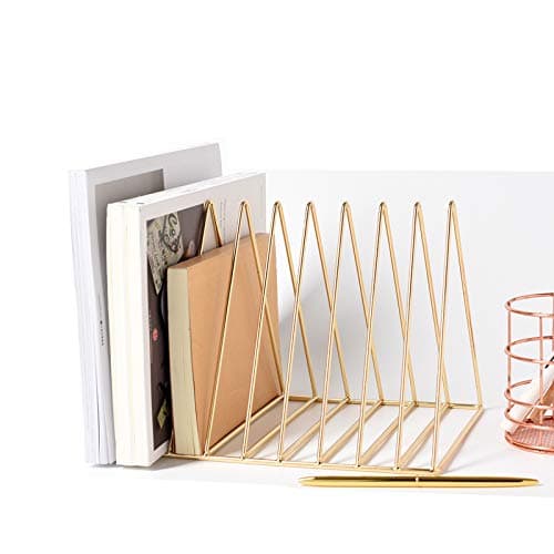 Jolitac Magazine Rack Newspapers Holder Vinyl Record Rack Letters Storage Files Folder Stand Desktop Organiser Book Shelf Vintage Design Metal Home Office Gold