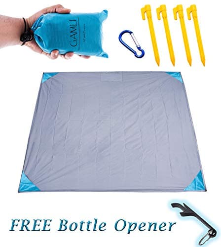 Pocket Blanket for Beach Festival - Camping Hiking Compact Size 55'x60' Fit 4 People - Sand and Waterproof Puncture Resistance with Corner Pocket, Loops, 4 Stakes, Secure Pocket with Zipper (Blue)