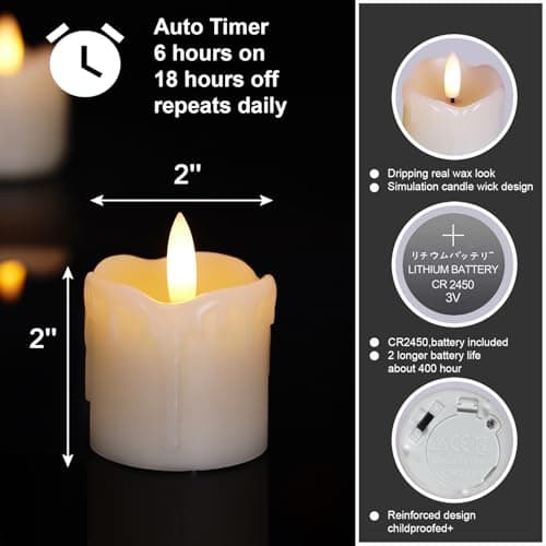 Homemory Flameless Votive Candles with Timer, 2" x 2" Real Wax, 400+Hour Realistic Black Wick Battery Operated Candles, Set of 6 for Wedding, Party and Holiday Decoration (Battery Included)