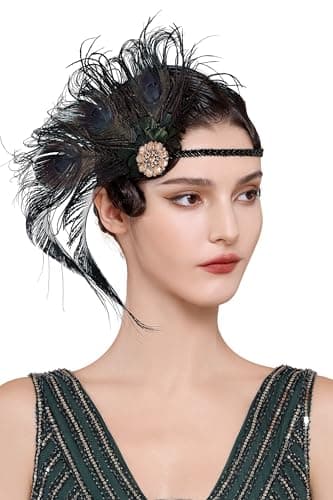BABEYOND 1920s Flapper Peacock Feather Headband Roaring 20s Beaded Headpiece 1920s Great Gatsby Costume Hair Accessories