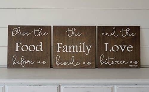 WOODSIGNS QMSING Bless The Food Before Us Family Beside Us and Love Between Us Hand Painted Wooden Sign Dining Room Kitchen 3 Piece Set Decor Farmhouse 7.28 x 7.28 inch