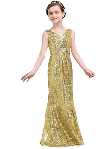 HEVECI Hengyud Golds Sequins V-Neck Pageant Dress Long Flower Girl Bridesmaid Prom Dress 77