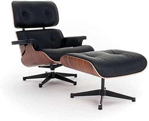 High End Replica Lounge Chair and Ottoman Set, Mid-Century Classics by DECORIFIC NYC, Single Box (Black, Aniline Leather, Palisander Wood, Steel Base) – Tall Variation