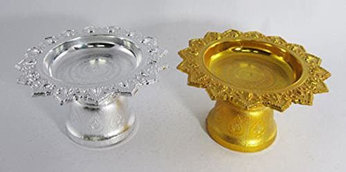 Thai Golden & Silver Style Small Aluminum Worship Offering Tray with Pedestal to Buddha Altar /Size : 4"