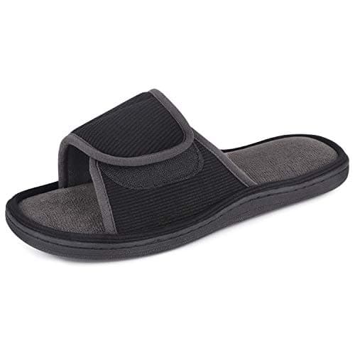 Snug Leaves Men's Memory Foam Open Toe Slide Slippers Spa House Shoes with Adjustable Wrap (11-12 D(M) US, Black/Dark Gray)