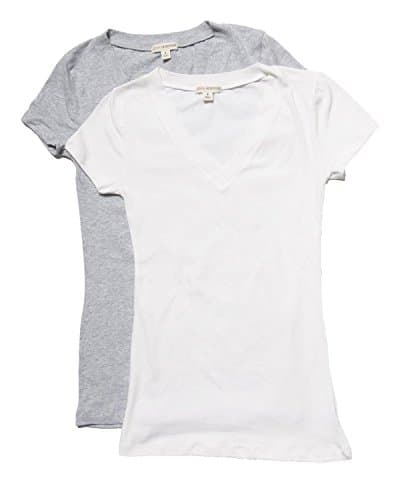 Active Basic Women's Plain Basic Deep V Neck T-Shirt with Cap Sleeves 2 Pk H Grey/White M