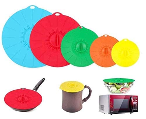Silicone Suction Lids Set of 5 Various Size Press Sealed Microwave Dish Covers Multiple Colour Reusable Splatter Proof Food Covers Fits Various Sizes of Pans, Bowls, Containers and Cups BPA Free