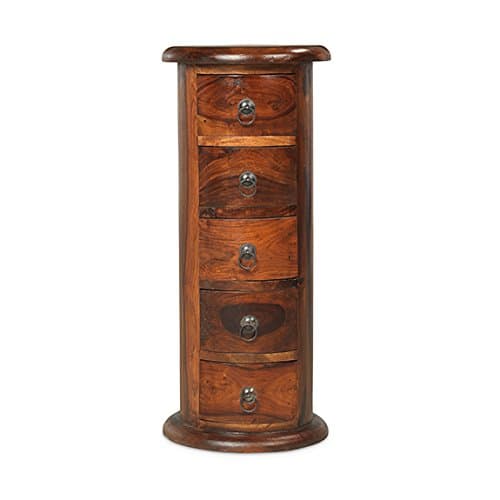 Madras Solid Sheesham Wood 5 Drawer Round Slim Drum Telephone Side Lamp Table, Honey Brown, H 75 x D 32 x W 32 cm