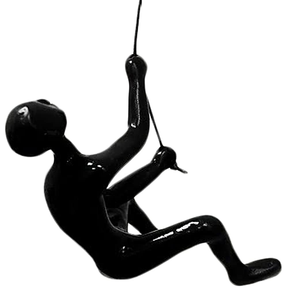 Climbing Man Wall Art for Home Decor with 30” Leather Rope | Polyresin Statues and Sculptures with Hanging Hardware Included for Modern Wall Decor and Motivational Art, Black, 1 Piece