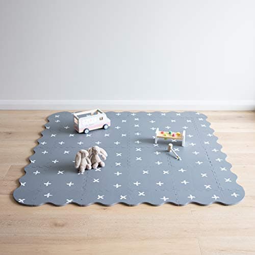 Baby Playmat with Fence by Oliver & Lola (Designer Crisscross Series). 16 Interlocking Foam Floor Tiles Made of Baby-Safe Non-Toxic EVA. Crawling Mat for Nursery and Playpen.